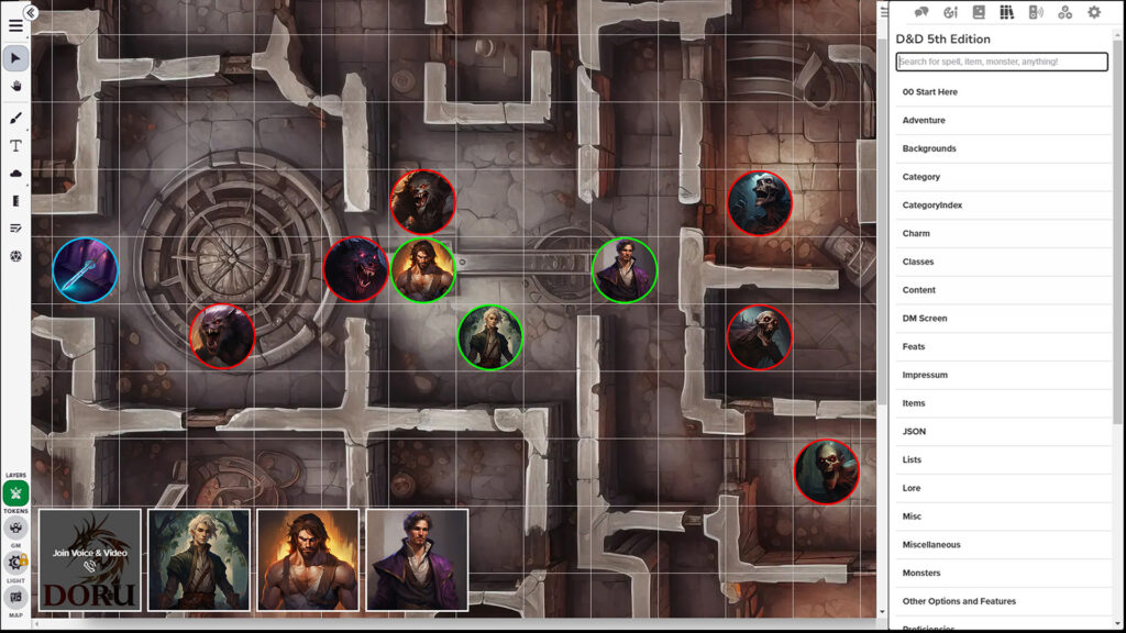 A virtual tabletop battle map featuring Curse of Strahd tokens for combat encounters.