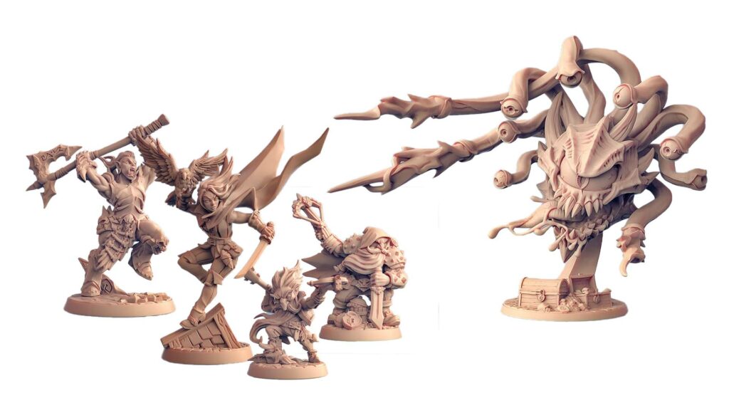 A set of unpainted D&D miniatures, prepped and ready for contrast painting.