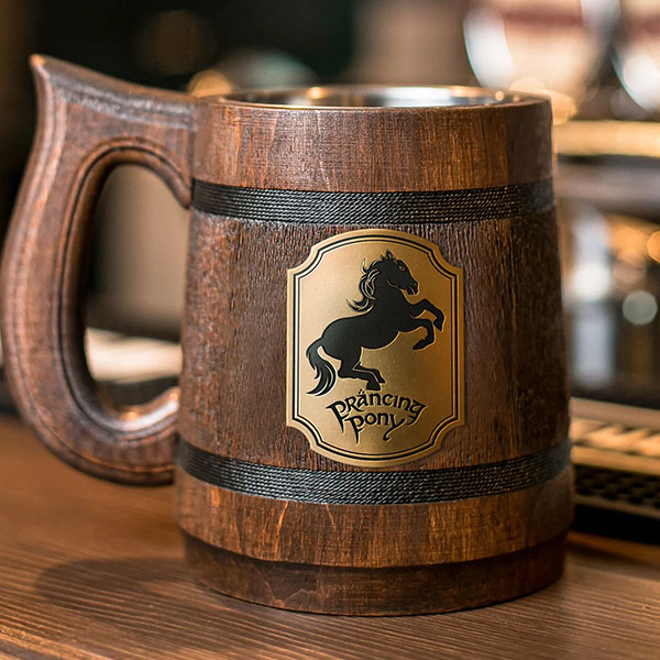 Beer mug for gift made of wood for best friend.Prancing Pony mug, Lord Of The Rings, Best Christmas gift made of wood.